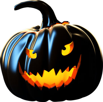 Grinning black pumpkin for Halloween aglow with orange light isolated on transparent background. 3D illustration render.
