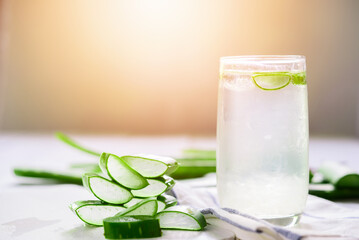 Fresh Aloe vera juice, Fresh Aloe vera water, Fresh Aloe vera Drink (Aloe barbadensis Mill.,Star cactus, Aloe, Aloin, Jafferabad or Barbados) .