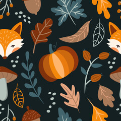 autumn seamless pattern with fox, leaves and mushroom on a dark background