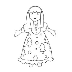 Doll with a Christmas ornament on a dress, black and white illustration