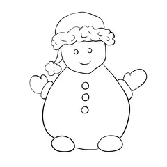 Snowman in Santa's hat, black and white illustration in a minimalist style