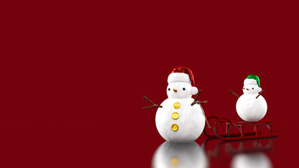Two cute snowmen and sled for Christmas and winter isolated on shiny red background with copy space. 3D illustration render in 8k.
