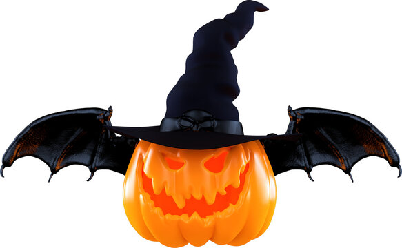 Halloween flying pumpkin with bat wings and witch’s hat isolated on transparent background. 3D illustration render.
