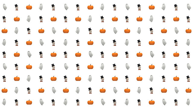 Widescreen seamless Halloween pattern with floating ghosts, skulls, and pumpkins, on transparent background. 3D illustration render in 8k.
