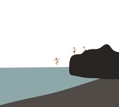 Man cliff jumping into the sea during holiday vacation, Summer fun adventure outdoor lifestyle.