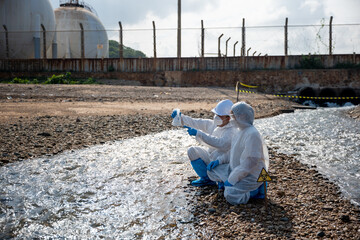 Ecologist sampling water toxic chemicals from river with test tube glass and have white smoke,...
