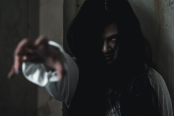 Scary ghost woman. Asian ghost or zombie horror creepy scary have hair covering face and eye reach...