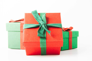 Present. Gift box with a bow. New Year's surprise. Red and green box with a gift