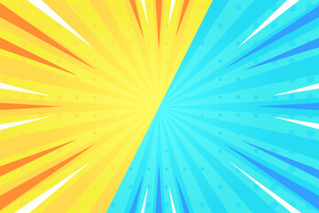 Pop art yellow and blue comic book cover cartoon magazine. Cute cartoon retro stripe mock up pattern. Vector illustration of halftones. Vintage background for comic superhero text, speech bubbles