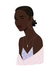 Portrait of beautiful woman. Cute African American girl with dark hair in stylish clothes and accessories. Design element for avatars and print. Cartoon flat vector illustration on white background