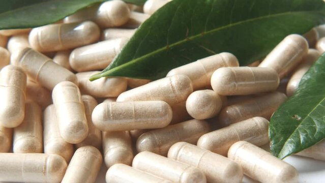 herbal medicine capsule and leaf on table 