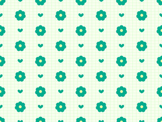 Flower cartoon character seamless pattern on green background