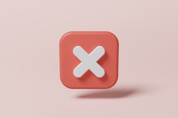 Red X mark in a square shape on pink background. Error, Cancel, Ban, Failed concept. 3d rendering