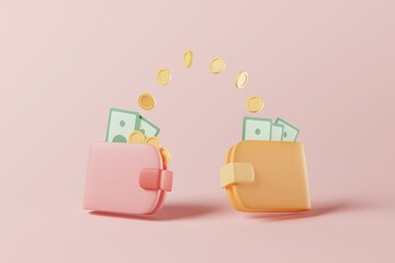 Finance wallets with coins and banknotes on pink background. 3d rendering money transfer or exchange concept