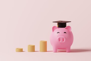 Piggy bank with coins and graduation cap on pink background. Money savings, investment for education, scholarship concept. 3d rendering