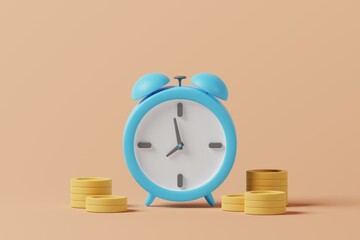 Cartoon alarm clock with money coins on background. In concept of time is the most valuable. 3d rendering