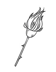 Beautiful rose sketch. Small, unopened shrub rose bud. Flowering plant with stem and thorns. Design element for greeting card or print. Cartoon simple hand drawn doodle style vector illustration