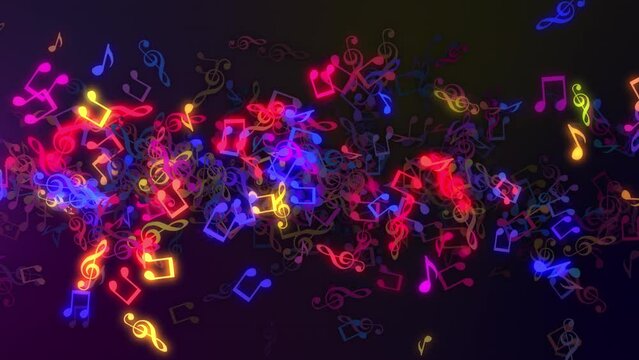 This stock motion graphics video shows colorful musical notes and symbols streaming in a seamless loop.