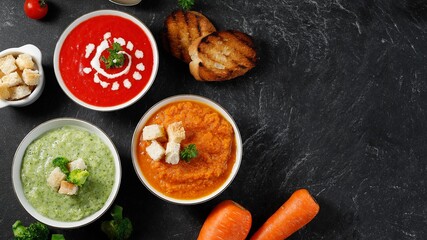 Fototapeta na wymiar Three Various Veggie Vegetable Soup, Carrot, TOmato, Broccoli Creamy Congee. Concept Diet Food