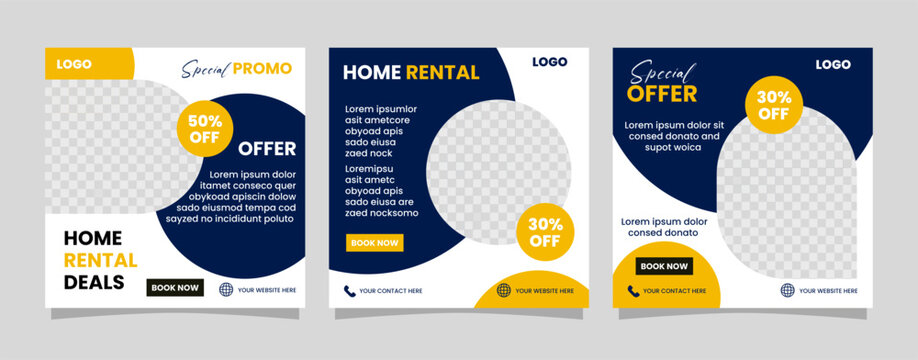 Minimalist real estate social media post layouts template Home Sale and Home Rental. Modern digital marketing square social media promo poster sale & discount social media advertising design