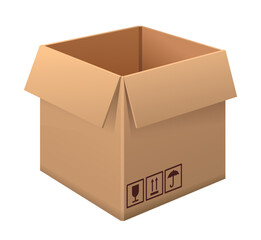 Cardboard brown box. Paper container for parcels and delivery of orders or cargo. Design element for websites and mail apps. Realistic isometric vector illustration isolated on white background