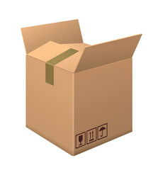 Cardboard brown box. 3D layout of package for storing items and sending parcels. Design element for advertising and social media. Realistic isometric vector illustration isolated on white background