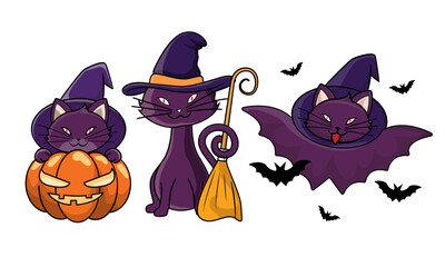 Cute Cat in Halloween Costumes. Witch costume, Pumpkin head, bat costume, Jack O' Lantern