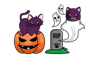 Cute Cat in Halloween Costumes. Ghost Cat, Tombstone, Pumpkin Head