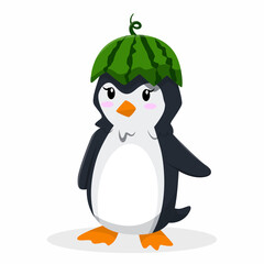 Cute Penguin with Watermelon Hat Design Character Illustration