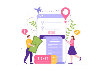 Ticket Travel Online Booking Service App on Smartphone Template Hand Drawn Cartoon Flat Illustration for Trip Planning