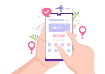 Ticket Travel Online Booking Service App on Smartphone Template Hand Drawn Cartoon Flat Illustration for Trip Planning