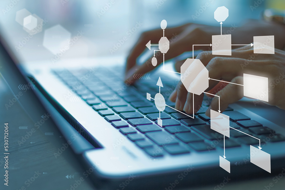 Leinwandbilder business process and workflow automation with flowchart, businessman in background