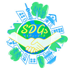SDGs 地球と街並みと手繋ぎ　文字入り
