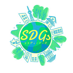 SDGs 地球と街並み　エコ　文字入り