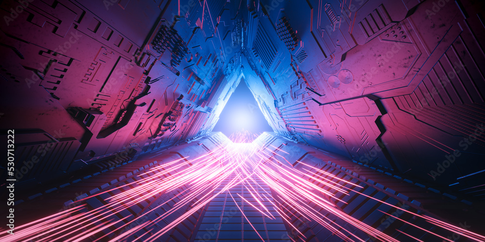Poster 3d rendering abstract sci fi and technology background. metal sci fi corridor with red light trail.