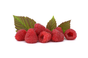 Raspberry fruits with leaves isolated on white