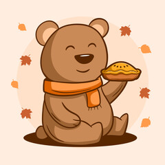 Cute bear eating pie at thanksgiving day