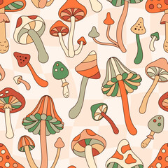 Groovy Mushrooms Seamless Pattern on Checkerboard Background. Retro Hippie Vector Background in 70s 80s Style