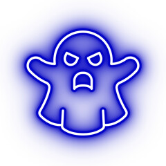 Neon blue ghost icon, illustration of neon glowing ghost with transparent background