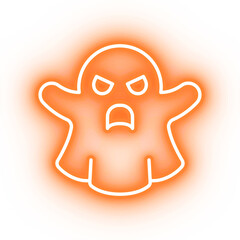 Neon orange ghost icon, illustration of neon glowing ghost with transparent background