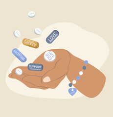 vector illustration on the topic of help with mental disorders. on the palm of hand various pills with inscriptions - support, accepting, safety, safe space. trend illustration in flat style