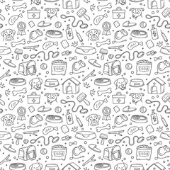 pattern of pet products elements drawn in hand-style doodle