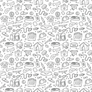 pattern of pet products elements drawn in hand-style doodle