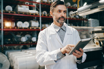 Engineer with tablet working at polymer factory