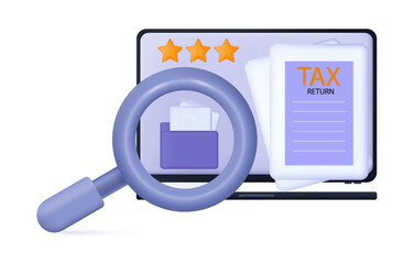 Submit your tax return online. Electronic form of the annual report, archival documents 3d. Successful completion of the income tax return. Financial page, list. Magnifying glass, refund. Vector.