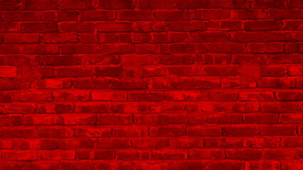 Fototapeta na wymiar Stained Uneven Old Stucco Painted Red Brick Wall. Abstract Brick wall Background Texture. Modern Style Design Home House Interior. Beautiful Horizontal Wallpaper With Copy Space.