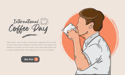 international day of coffee background with hand drawn llustration