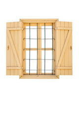 Old wooden window with open yellow lattice shutters. Vertical. Isolated on a white background.
