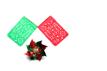 Tricolor decorative ornaments for Mexican parties in green, white and red: Pennants and pinwheels...
