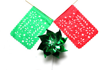 Tricolor decorative ornaments for Mexican parties in green, white and red: Pennants and pinwheels for celebrate Independence 15 september and Revolution Cinco de Mayo